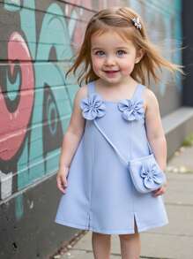 SHEIN 女婴可爱甜美花朵 3D 装饰吊带背心连衣裙和婴儿，夏季 - 彩色 - 查看 9