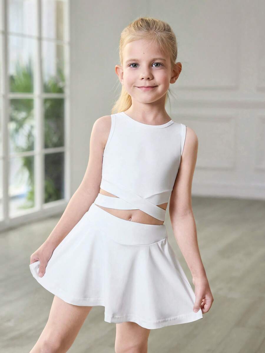 Young Girls' White Plain Spring/Summer Casual Comfortable Sports Set, Elegant Athleisure Running Outdoor Suits, Snug Fit Look, All-Match Style Outfit For Young Girl, Quick-Dry And High Stretch