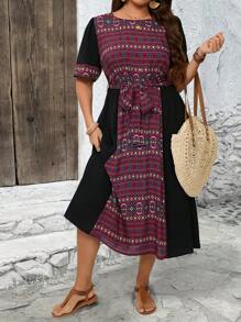 EMERY ROSE Plus Size Women Countryside Casual Vintage Patchwork Print Round Neck Short Sleeve Dress With Belt, Vacation Style,Summer Holiday,Vacation Outfits Women,Simple And Fashionable For Everyday Wear,Gifts For Mother,Vacay Vibes,Springbreak,Casual Wear SS,Bohemia