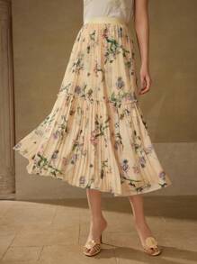 MOTF PREMIUM 飘逸花卉印花百褶裙 - 黃色 - 查看 3