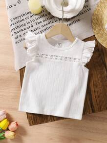SHEIN LMoss Kids 女婴纯色圆领荷叶边休闲上衣 - 白色 - 查看 3