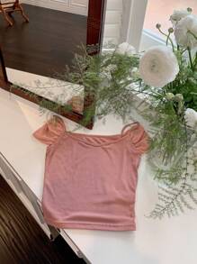 DAZY Women's Elegant Solid Color Open Shoulder Ruched Fitted T-Shirt, Summer Going Out Tops Women - Baby Pink - View 7
