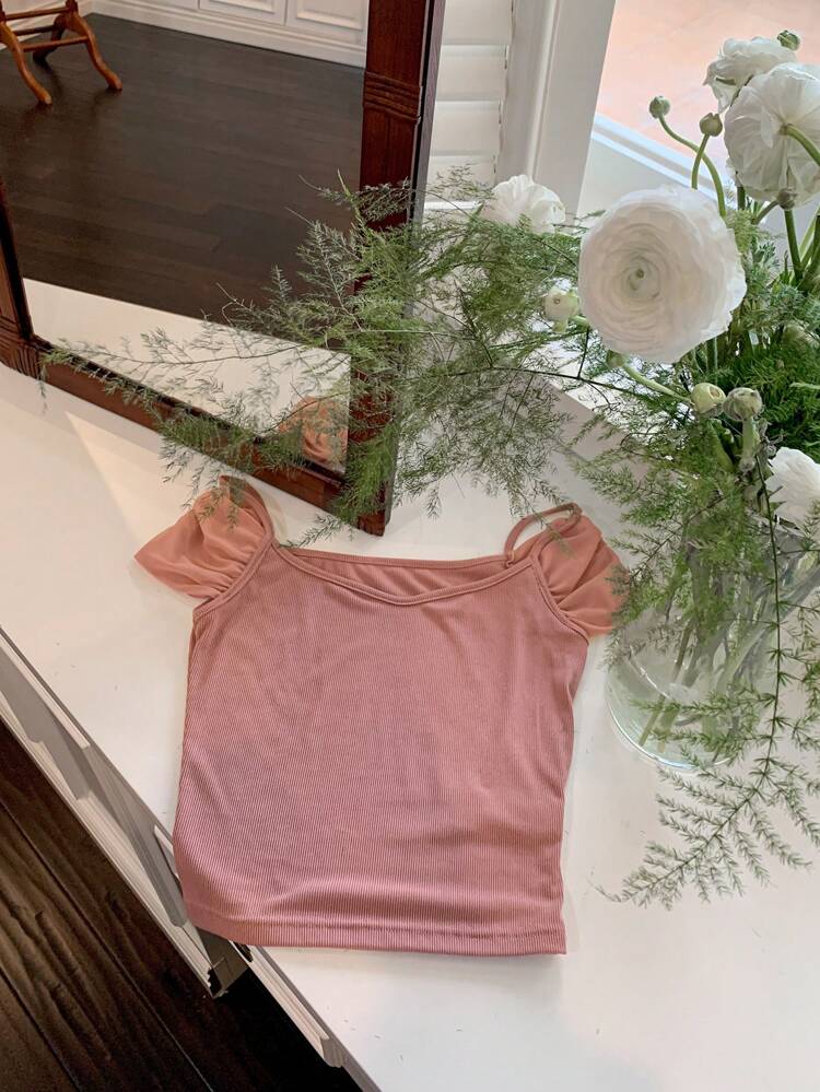 Women's Elegant Solid Color Open Shoulder Ruched Fitted T-Shirt, Summer Going Out Tops Women