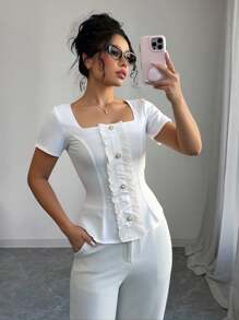 Chiquease Women's White Square Neck Ruffle Waist Casual Summer Shirt - White - View 3