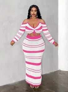 Maweii 大码女式撞色条纹性感露背短款上衣和超长裙两件套服装，适合海滩度假 - 玫紅色 - 查看 3