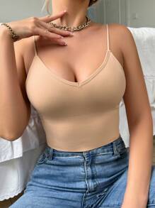 1pc Women's Seamless Camisole Tank Top With Removable Pads, Suitable For All Seasons - Apricot - View 3