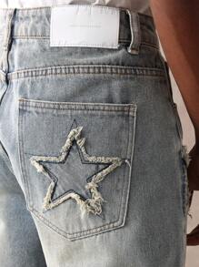 SUMWON 星星贴花阔腿牛仔短裤，做旧宽松及膝牛仔短裤，休闲夏季节日时尚街头服饰，都市风格，毛边细节 - 藍色 - 查看 8