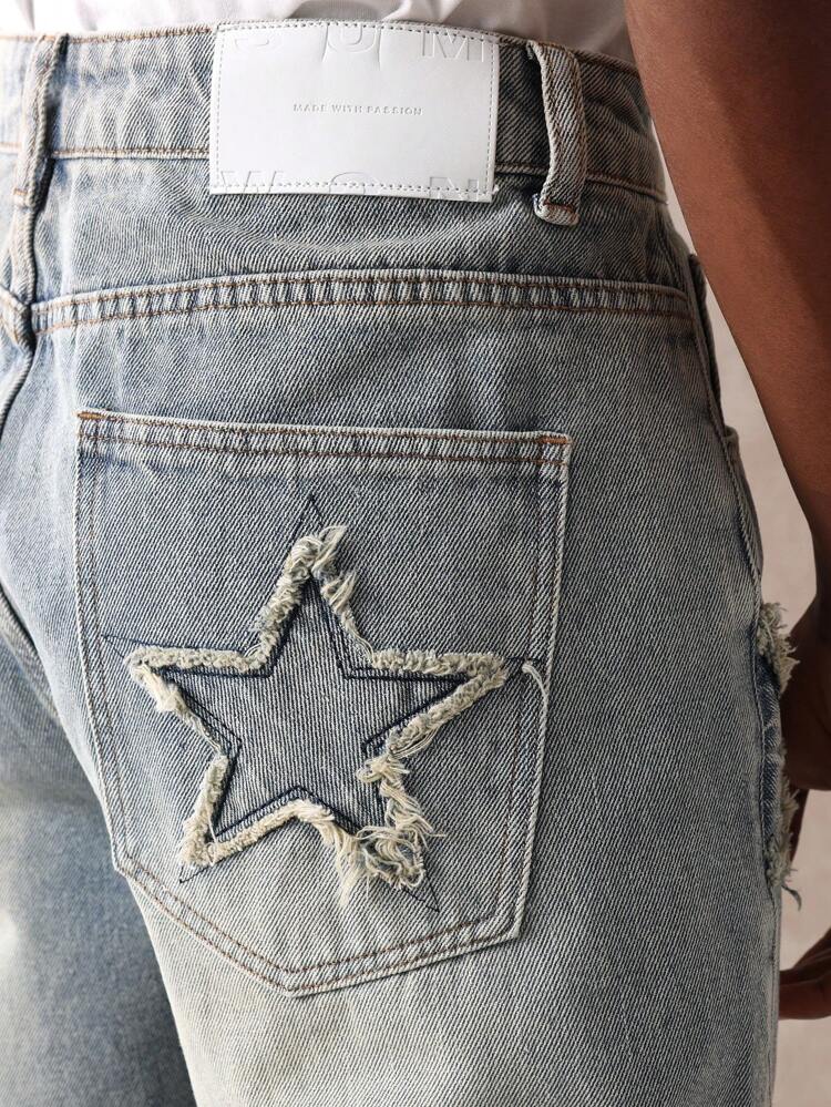 Szorty jeansowe męskie z szerokimi nogawkami i aplikacją Star Applique o luźnym kroju