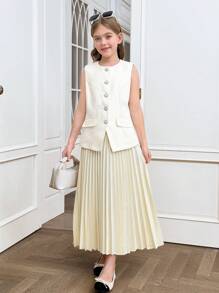 SHEIN Ensemble de 2 pièces comprenant un débardeur et une jupe plissée mini pour fille pré-adolescente allant à l'école