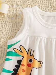 SHEIN Infant/Baby Girl Fashion New Cute Cow & Giraffe Animal Element Sleeveless Dress, Spring/Summer - Green - View 4