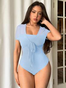 Firerie Solid Color Bowknot Front Sleeveless Bodysuit, Fashion For Summer - Baby Blue - View 5