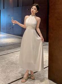 DAZY Solid Color Halter Tie Neck Midi Dress For Women Wedding Women Dresses Prom Dress