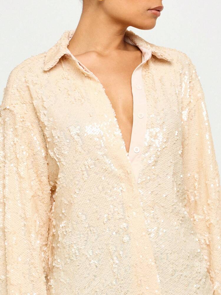 Elegant Sequin Button Down Oversized Long Sleeve Glitter Blouse