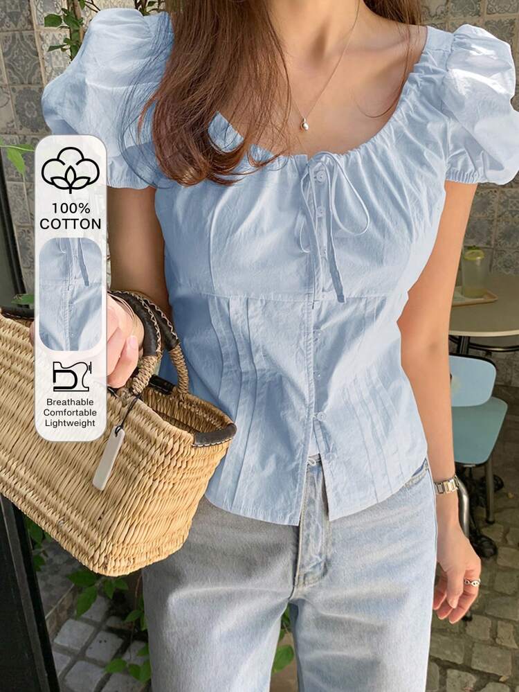 Women Solid Color Fitted Belted Puff Sleeve Fitted Short Sleeve Shirt, Pink, Spring/Summer