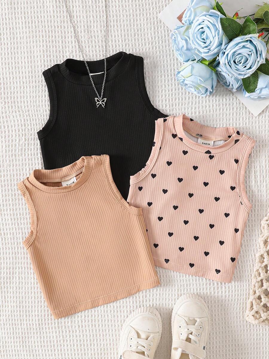 3pcs/Set Girls Knit Solid Color Round Neck Fitted Casual Vest Set