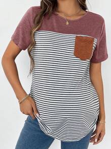 SHEIN Maternity Casual Striped Knitted Fabric T-Shirt With Pocket, Burgundy And Gray, Round Neck And Short Sleeves, Asymmetric Hem, Semi-Sheer, Long Length For Stylish Comfort - Burgundy - View 5