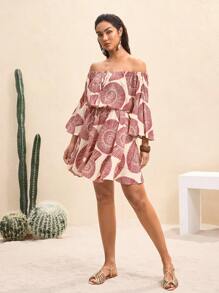 BY FELIZIA Women's Multicolor Summer Vacation Print Off-The-Shoulder Ruffled Bell Sleeve One-Shoulder Mini Dress Beach Vacation Dress - Multicolor - View 8