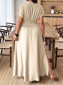 Breezaya 大码女式深V领纯色腰部褶饰性感迷你连衣裙