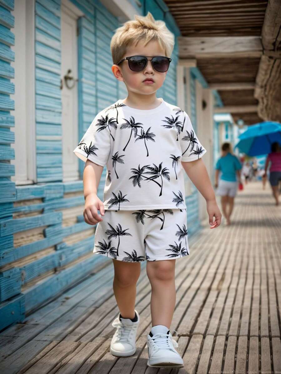 SHEIN Set de tricou și pantaloni scurți pentru băiat tânăr, cu mânecă scurtă, cu model minimalist, cu mânecă scurtă, cu gâtul scurt, potrivit pentru vară - alb - Vizualizare 1
