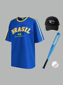 SHEIN Teen Boy Sporty Casual T-Shirt With Graphic Print & Contrast Color Collar Taping, Comfortable, Fashionable, Versatile, Soft, Suitable For Spring & Summer, Daily Wear, Outdoor Play, School, Street Style, Party And Leisure - Multicolor - View 3