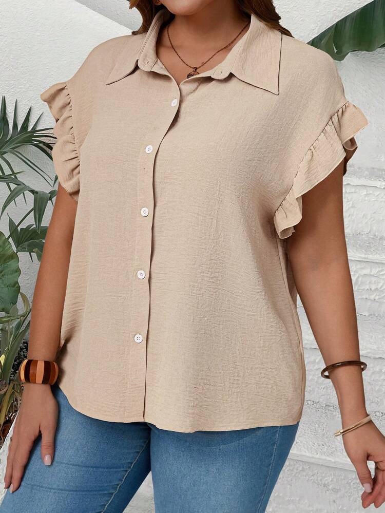 Plus Size Women's Solid Color Button Ruffle Short Sleeve Casual Shirt,Summer Khaki Smart Casual Everyday Tunic Top,Boho Beach Vacation Tops