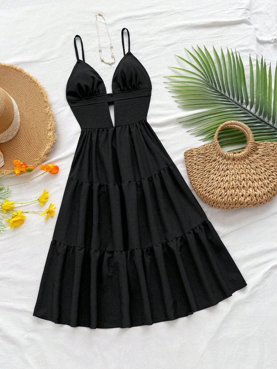 Soleia 女款素色荷葉邊下擺無袖迷你吊帶洋裝,女夏日太陽裙夏季服飾 - 黑色 - 查看 1