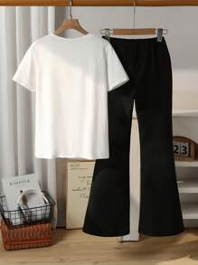 Teen Girls' Round Neck Short Sleeve T-Shirt & Bell Bottom Pants Set