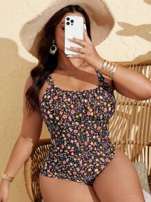 SHEIN Swim Curve 加大码女式连体泳衣，新款印花设计，可调节肩带，可拆卸护垫，前部褶皱，修身优雅，时尚休闲，适合海滩和泳池穿着 - 彩色 - 查看 1