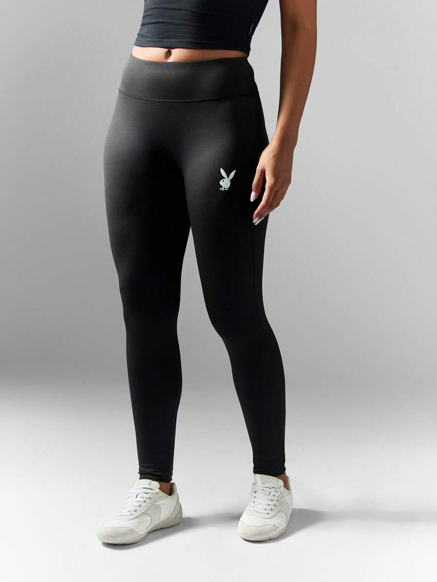 Missguided x Playboy High Waisted Athletic Workout Leggings Compression Activewear Gym Pants With Chic Logo Detail Running Fitness Essential - Black - View 1