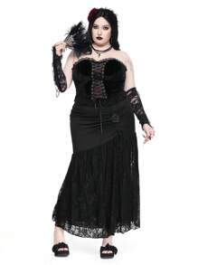 ROMWE Goth Plus Size Women's Lace Splice Ruched Tied Bow See-Through Sexy Skirt, Party/Ball Gown - Black - View 5