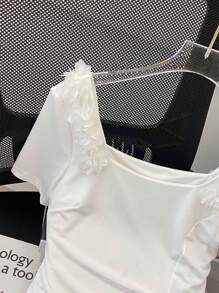 Chiquease 夏季方领3D花卉荷叶边短袖T恤 - 白色 - 查看 4