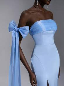 SHEIN Belle 优雅、浪漫、甜美的蓝色、缎子和欧根纱无袖露肩蝴蝶结美人鱼派对伴娘礼服 - 藍色 - 查看 6