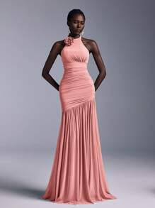 Elitara Elegant Halter Neckline 3D Floral Chest Ruched Mesh Sheer Fish Tail Bridesmaid Dress - Coral Pink - View 4