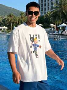 DAZY Summer Abstract Letter Print White Casual T-Shirt For Men,Graphic Tees - White - View 3