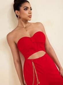 PHXTHREADS Red Strapless Gold Chain Cut Out Wide Leg Jumpsuit For Women Summer Outfit Vacation Holiday - Red - View 5