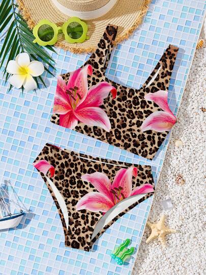 SHEIN Tween Girls Casual Leopard & Lily Floral Print Beach Vacation Style Cami Top & Triangle Bikini Set, Suitable For Summer #Coconutgirl