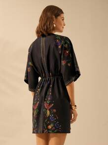 CAJUNI Women's Boho Vacation Parrot, Pineapple, Tropical Plant Printed V-Neck Batwing Sleeve Tie-Knot Waist Short Summer Vacation Dress - Multicolor - View 2