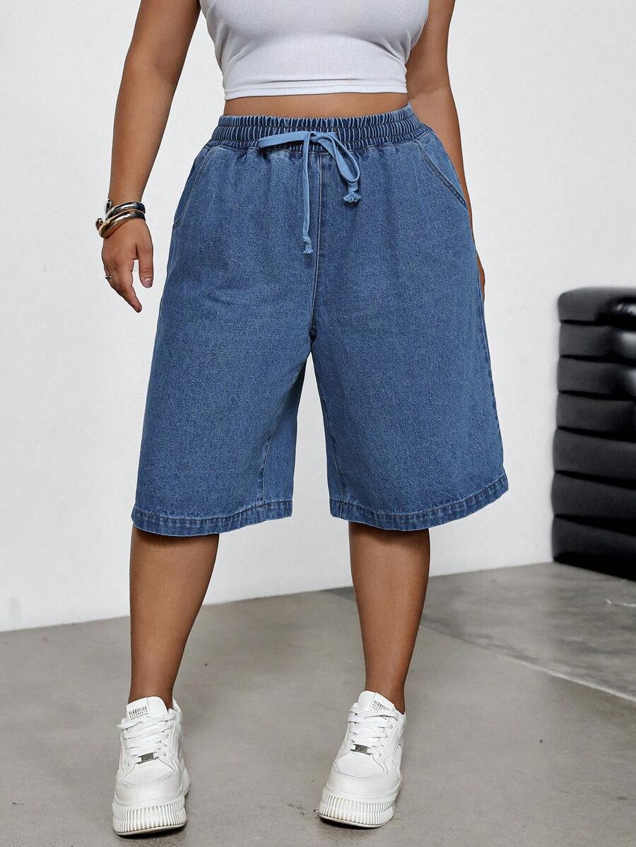 SHEIN EZwear Plus Size Denim Shorts, Casual Slim Cargo Bermuda Pants, Blue,Summer / Summer Outfits For Women/ Summer Clothes / Cute Summer Tops/ Summer Bottoms/Summer Dresses For Women - Blue - View 1