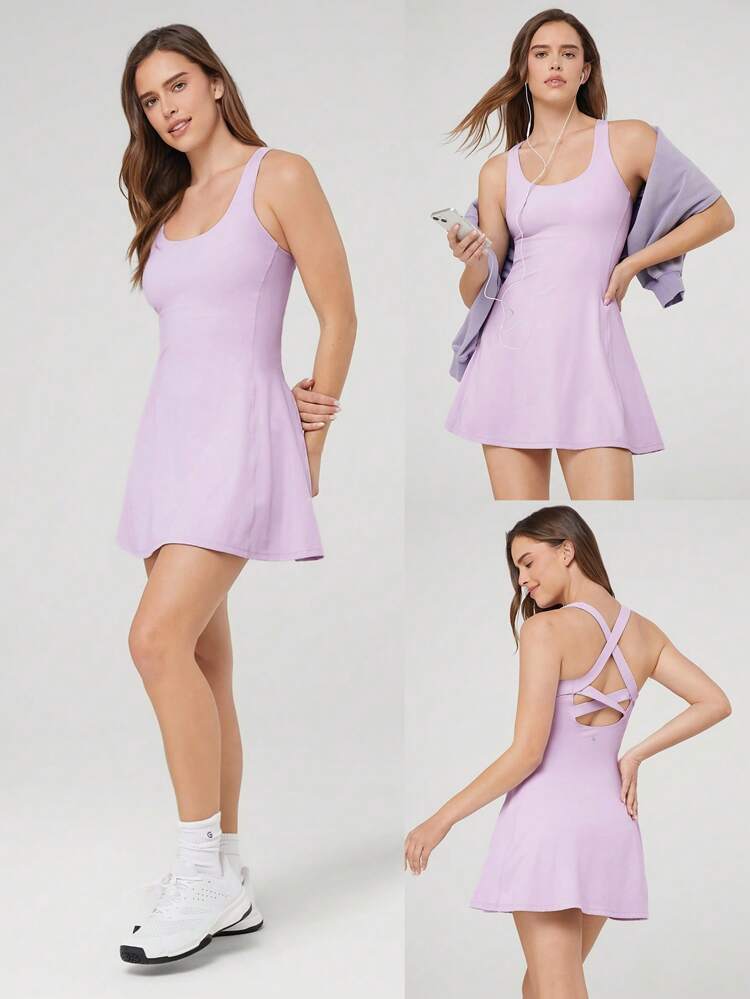 FeatherFit™-Air Peekaboo Mini Dress With Built-In Shorts Pocket Square Neck Anti-Slip Crisscross Light Support Low Impact Quick Dry Moisture Wicking Spring Summer