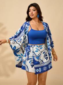 Breezaya 大码女式青花瓷图案印花长袖开衫，松紧腰休闲短裤，两件套休闲家居套装，春夏 - 彩色 - 查看 3