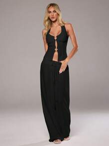 Aloruh Top de tirantes de verano para mujer, de unicolor, con diseño hueco y correa de conexión en el cuello