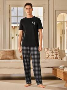 Men's Letter Print Round Neck Short Sleeve Casual Home Top  Pajamas Set For Men  Sleepwear Nightwear