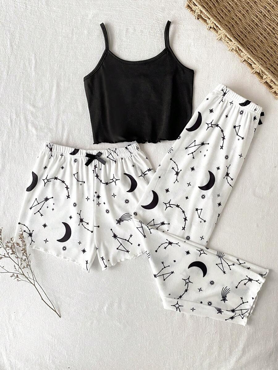 SHEIN 3pcs Girls Minimalist Star & Moon Print Camisole & Pants Loungewear Set Teen Cute Clothes Sets Outfit Sets Outfit Sets Teen Cute Sets For Teens Teen Outfit Sets - Black and White - View 1