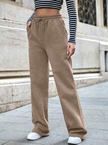 SHEIN Tall Cottnline Pocket Drawstring Sweatpants - Beige - View 5