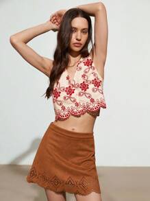 SHEIN Unity 撞色刺绣 V 领高腰优雅休闲百搭女士背心，米色和红色 - 彩色 - 查看 1