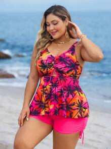Swim Lushoire Plus Size Women Summer Tie-Dye Coconut Tree Print Drawstring Crop Top And Solid Color Drawstring Shorts Vacation Style Two Pieces Swimsuit - Multicolor - View 5