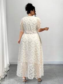 Elenzga Dam V-ringad Jacquard Puffärm Elegant klänning med knyt midja, vår/sommar - Aprikos - Visa 2