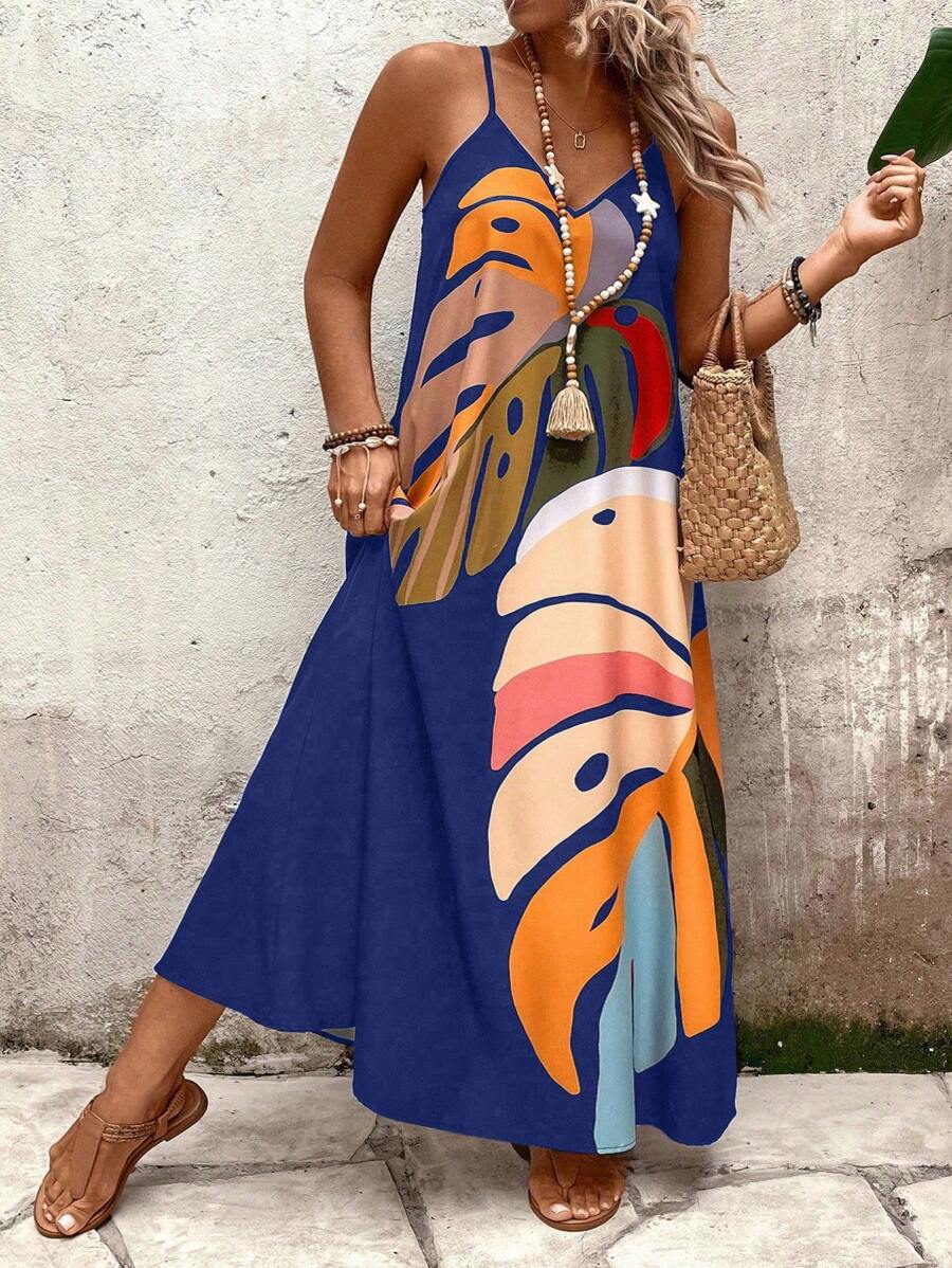 SHEIN Holidaya 大码女式宽松树叶印花无袖连衣裙 - 藍色 - 查看 1