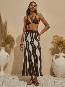 RueChic Falda de punto con estampado total y cubrecuerpo con ondas para la playa en verano