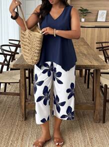 Weeklong Plus Size Two Pieces Sleeveless Casual Holiday-Style Floral Print Set